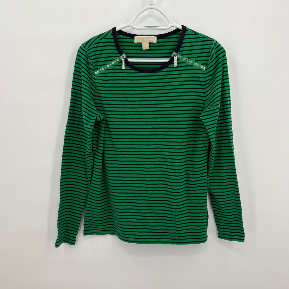 Michael Kors‎ Womens Green Black Striped Long Sleeve Zipper Shoulder Top Medium